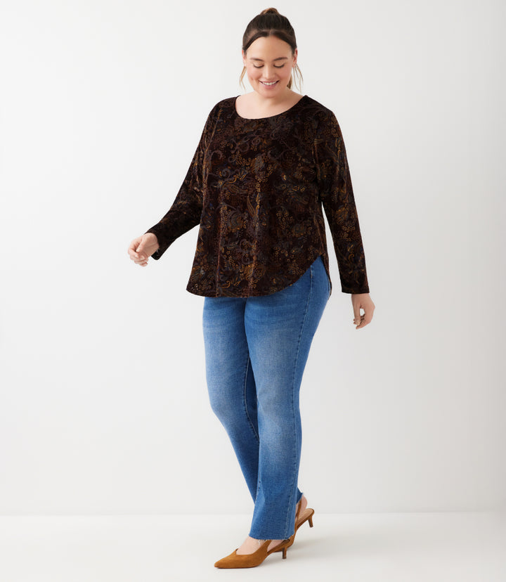 Plus Size Long Sleeve Velvet Burnout Shirttail Top