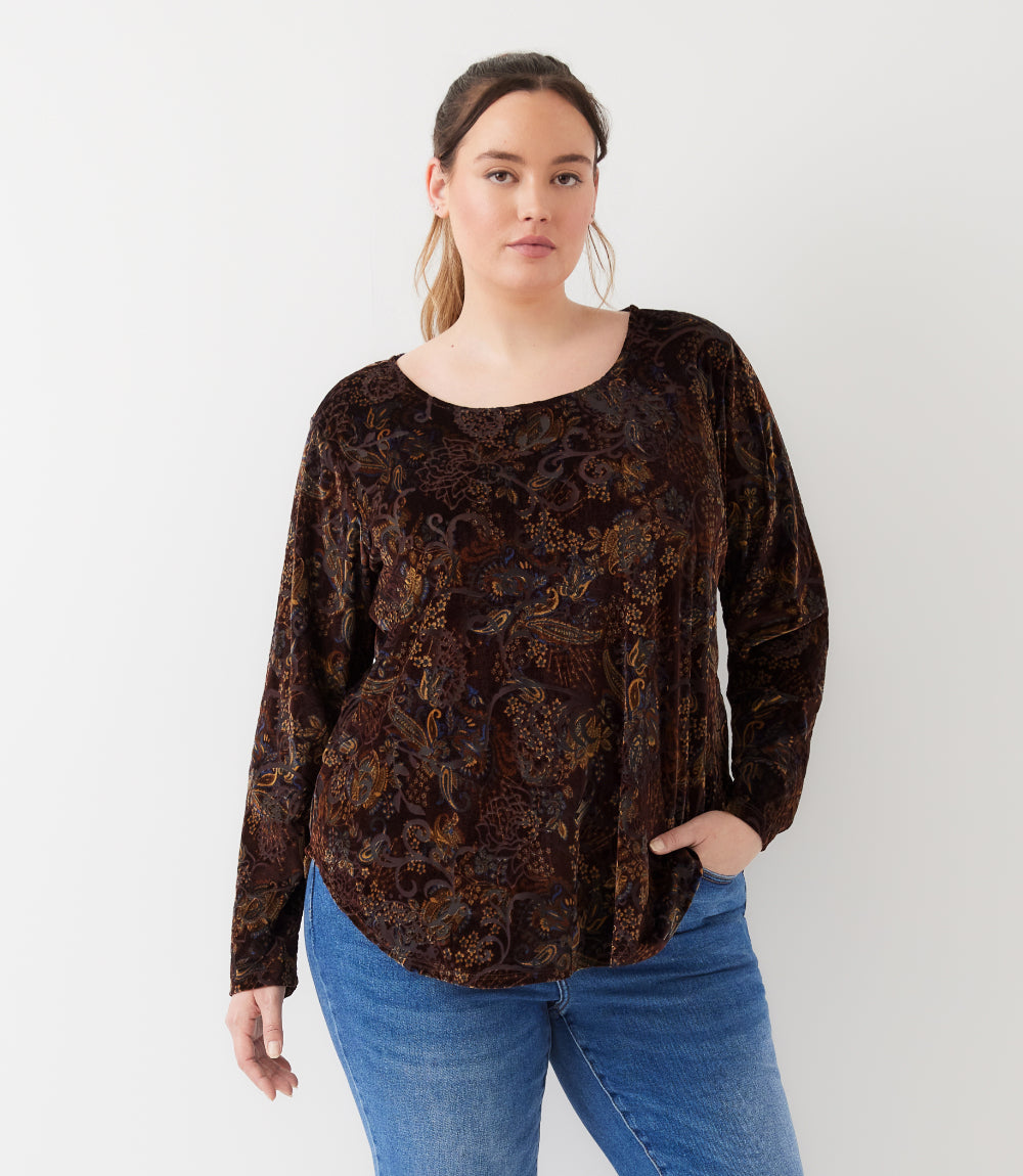 Plus Size Long Sleeve Velvet Burnout Shirttail Top