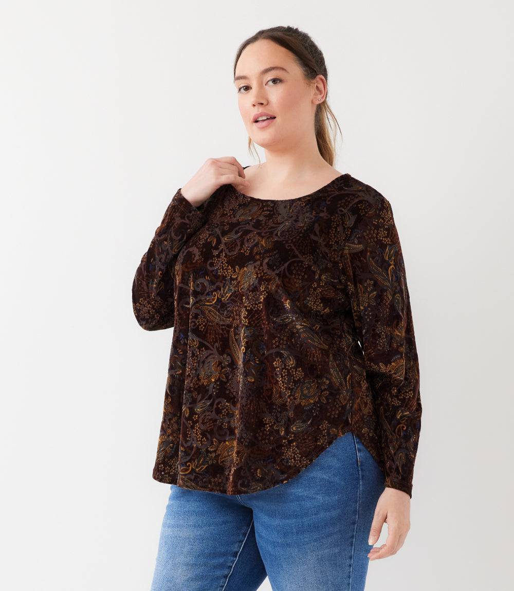 Plus Size Long Sleeve Velvet Burnout Shirttail Top