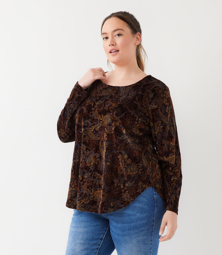 Plus Size Long Sleeve Velvet Burnout Shirttail Top