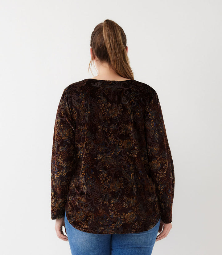 Plus Size Long Sleeve Velvet Burnout Shirttail Top