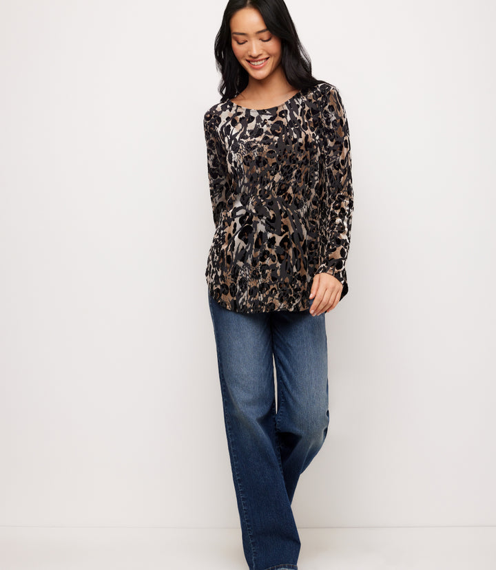 Petite Size Long Sleeve Velvet Burnout Shirttail Top