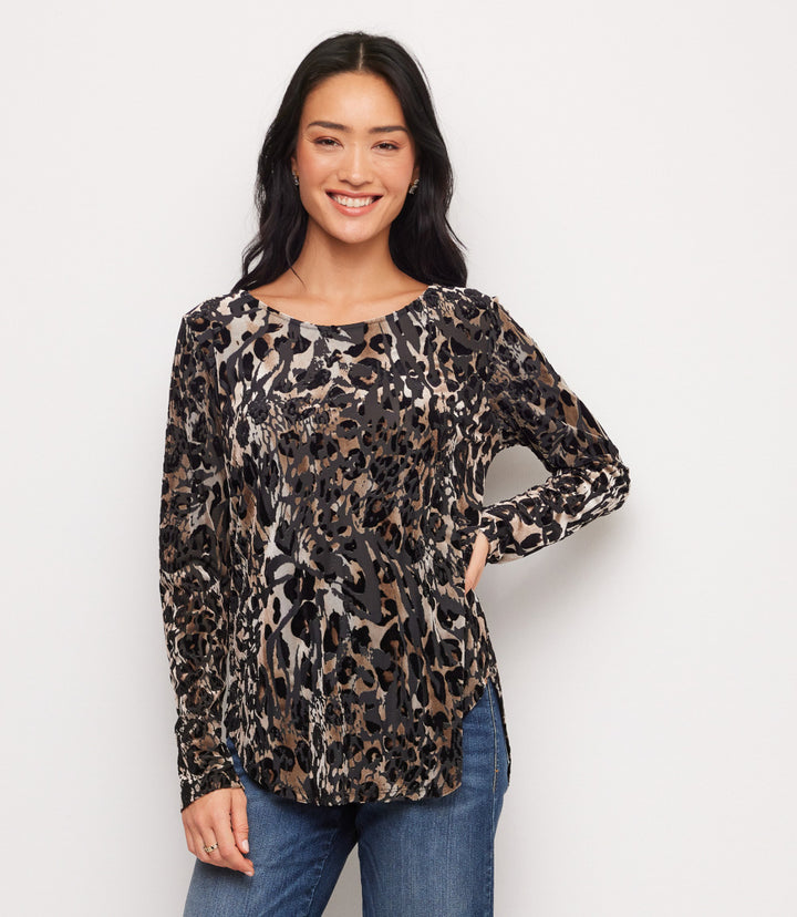Petite Size Long Sleeve Velvet Burnout Shirttail Top