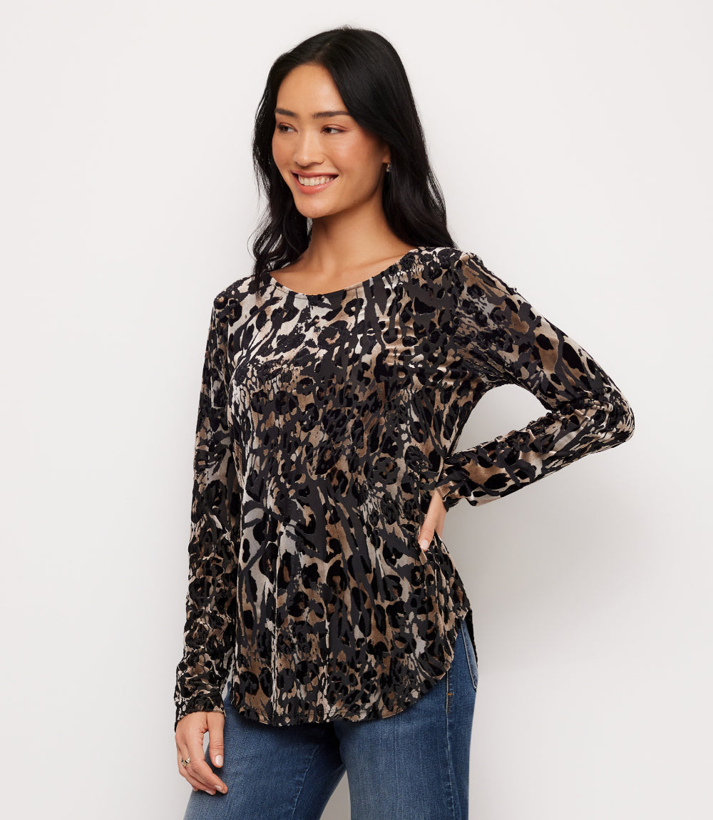 Petite Size Long Sleeve Velvet Burnout Shirttail Top