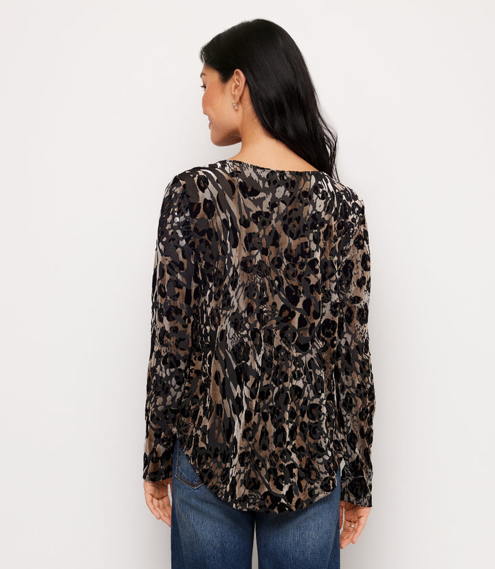Petite Size Long Sleeve Velvet Burnout Shirttail Top