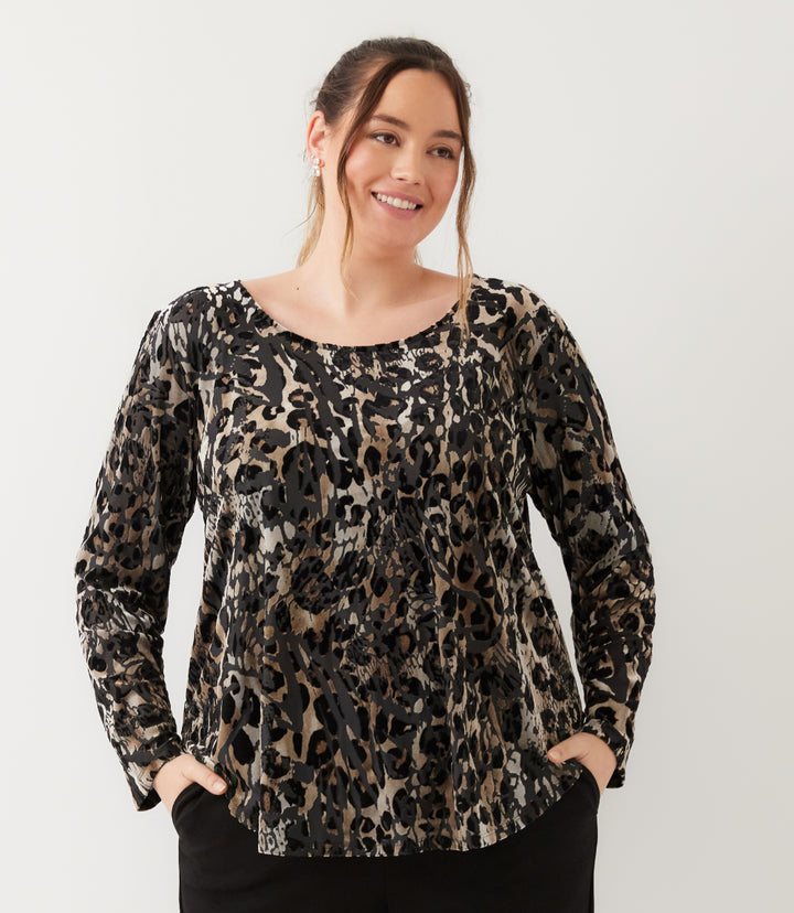 Plus Size Long Sleeve Velvet Burnout Shirttail Top
