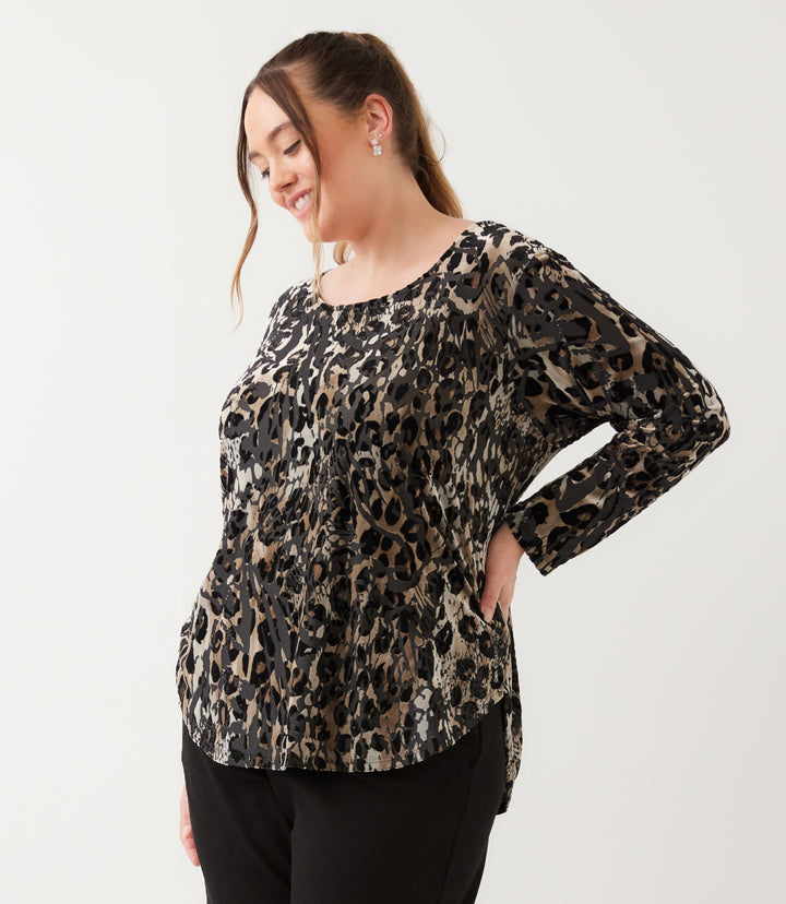 Plus Size Long Sleeve Velvet Burnout Shirttail Top