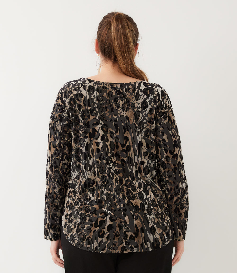 Plus Size Long Sleeve Velvet Burnout Shirttail Top