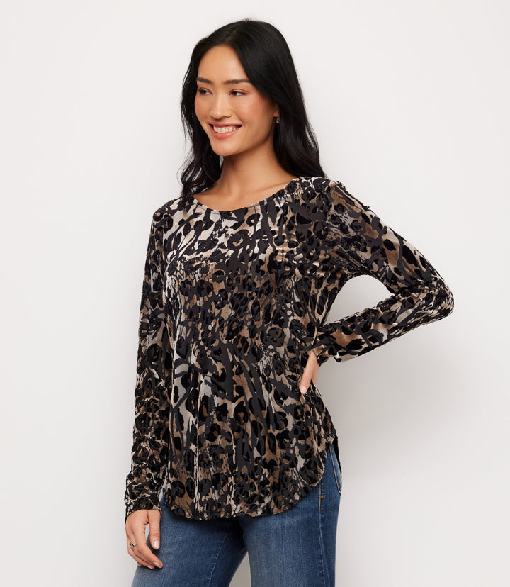 Long Sleeve Velvet Burnout Shirttail Top