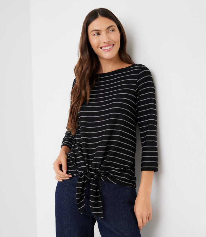 3/4 Sleeve Boatneck Tie-Front Top