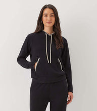 Black Edge Stitch Hoodie with white contrast stitching and drawstring hood on soft brushed jersey knit