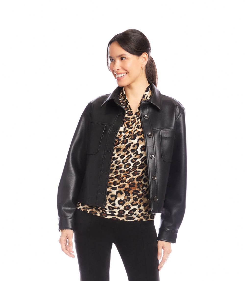 Petite Size Faux Leather Cropped Jacket