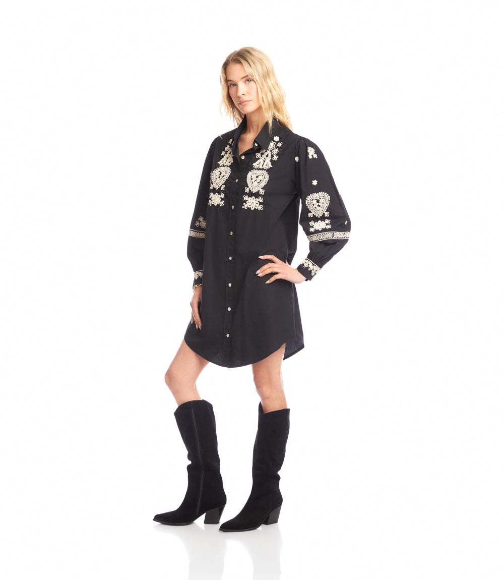 Black blouson sleeve shirtdress with cream rope-stitch embroidery and shell buttons