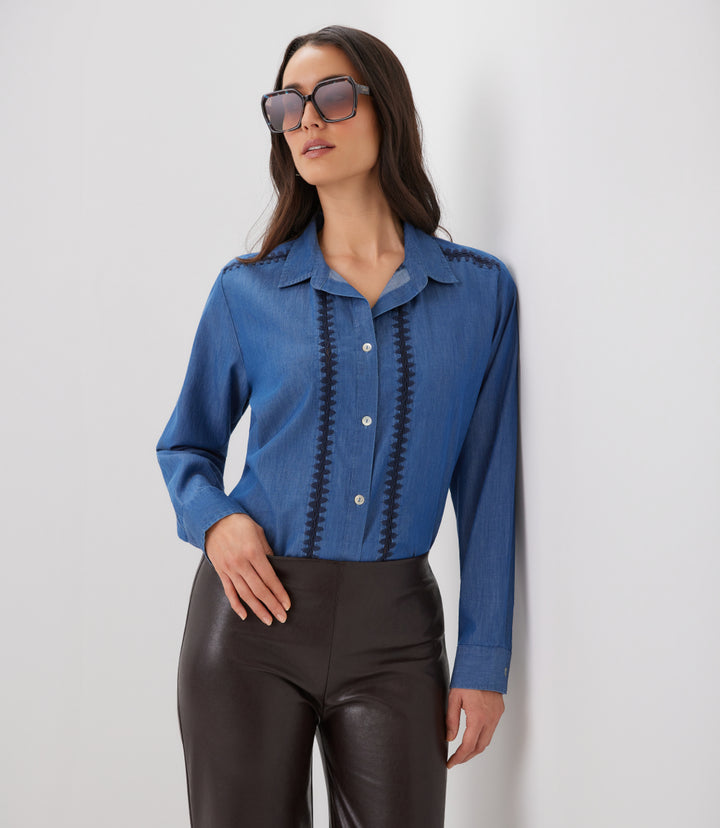 Long Sleeve Crochet Trim Button-Up Shirt
