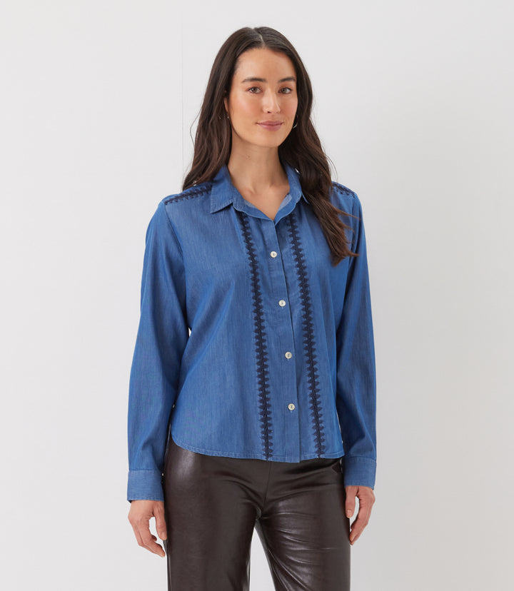 Long Sleeve Crochet Trim Button-Up Shirt
