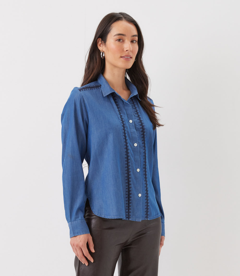 Long Sleeve Crochet Trim Button-Up Shirt