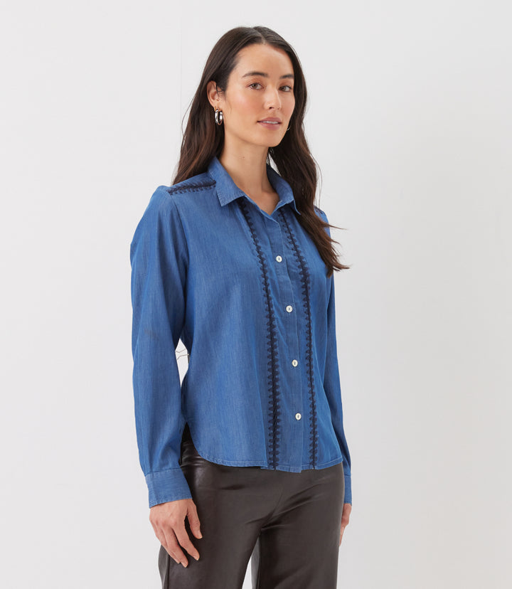 Long Sleeve Crochet Trim Button-Up Shirt
