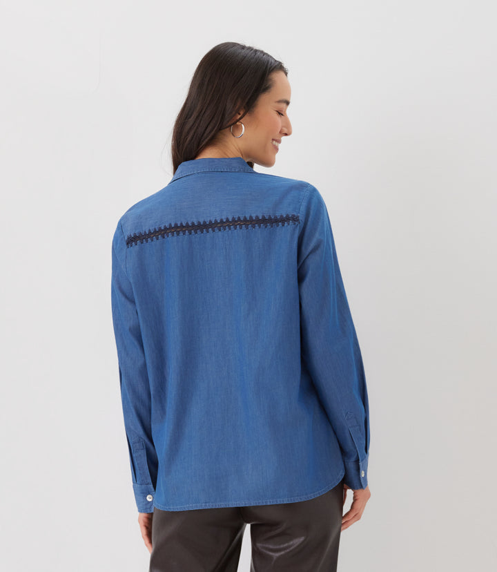 Long Sleeve Crochet Trim Button-Up Shirt