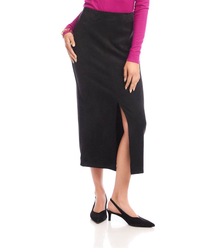 Black faux suede front slit skirt midi length with elastic high waist and straight silhouette