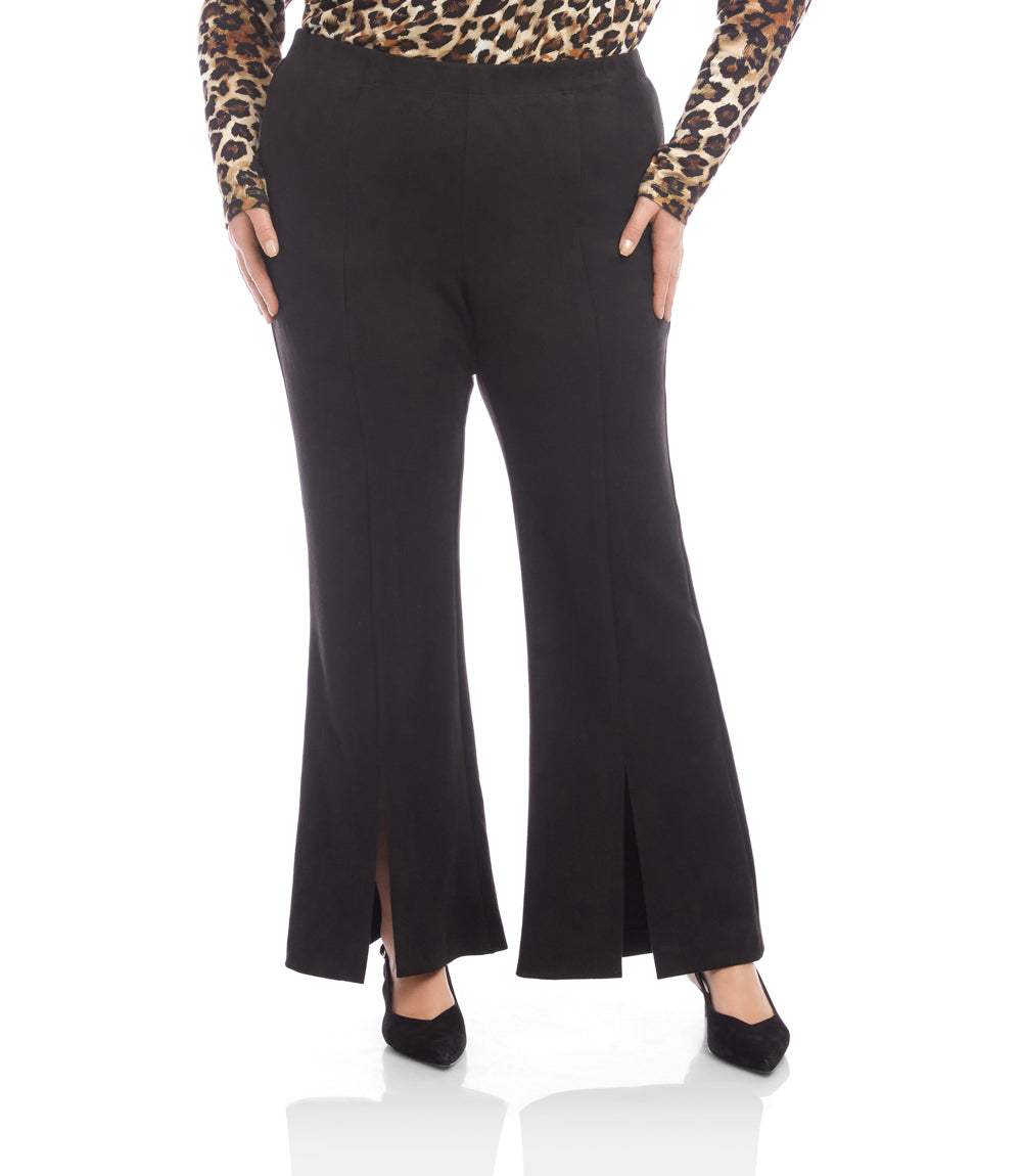 Plus size faux suede pants with front slit and flared leg in black