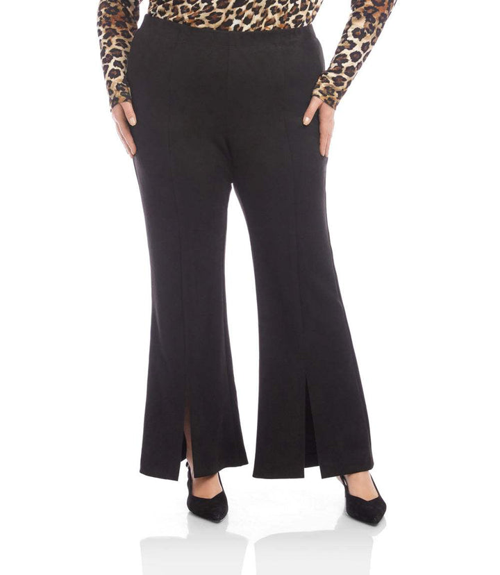Plus size faux suede pants with front slit and flared leg in black