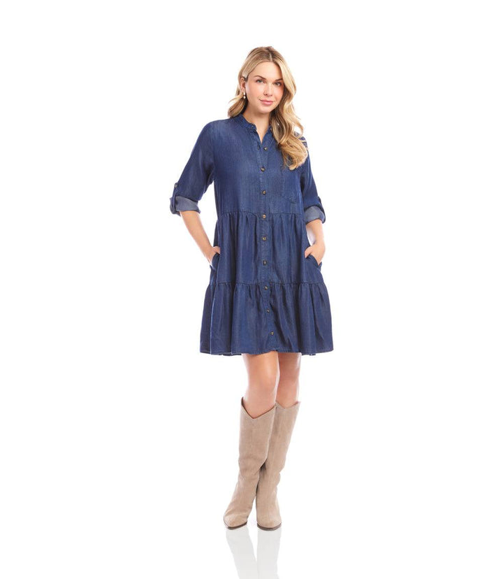 Petite Size Roll Tab Tiered Shirtdress