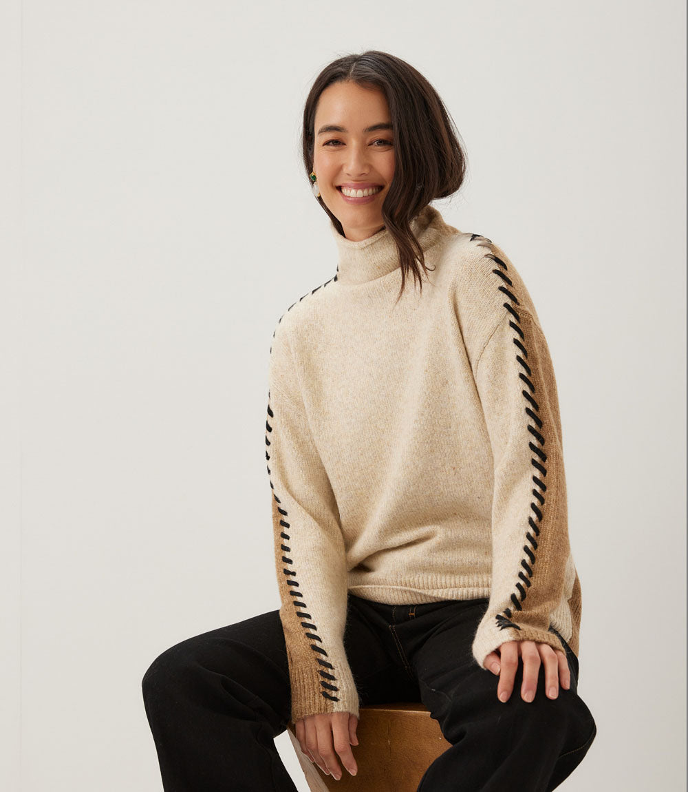 Petite Size Contrast Stitch Mock Neck Colorblock Sweater
