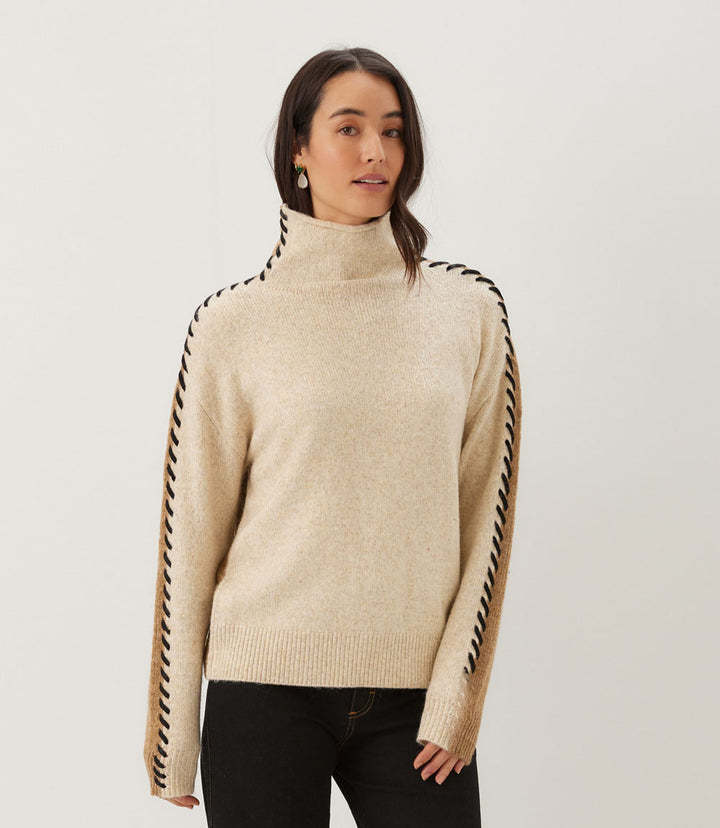 Petite Size Contrast Stitch Mock Neck Colorblock Sweater