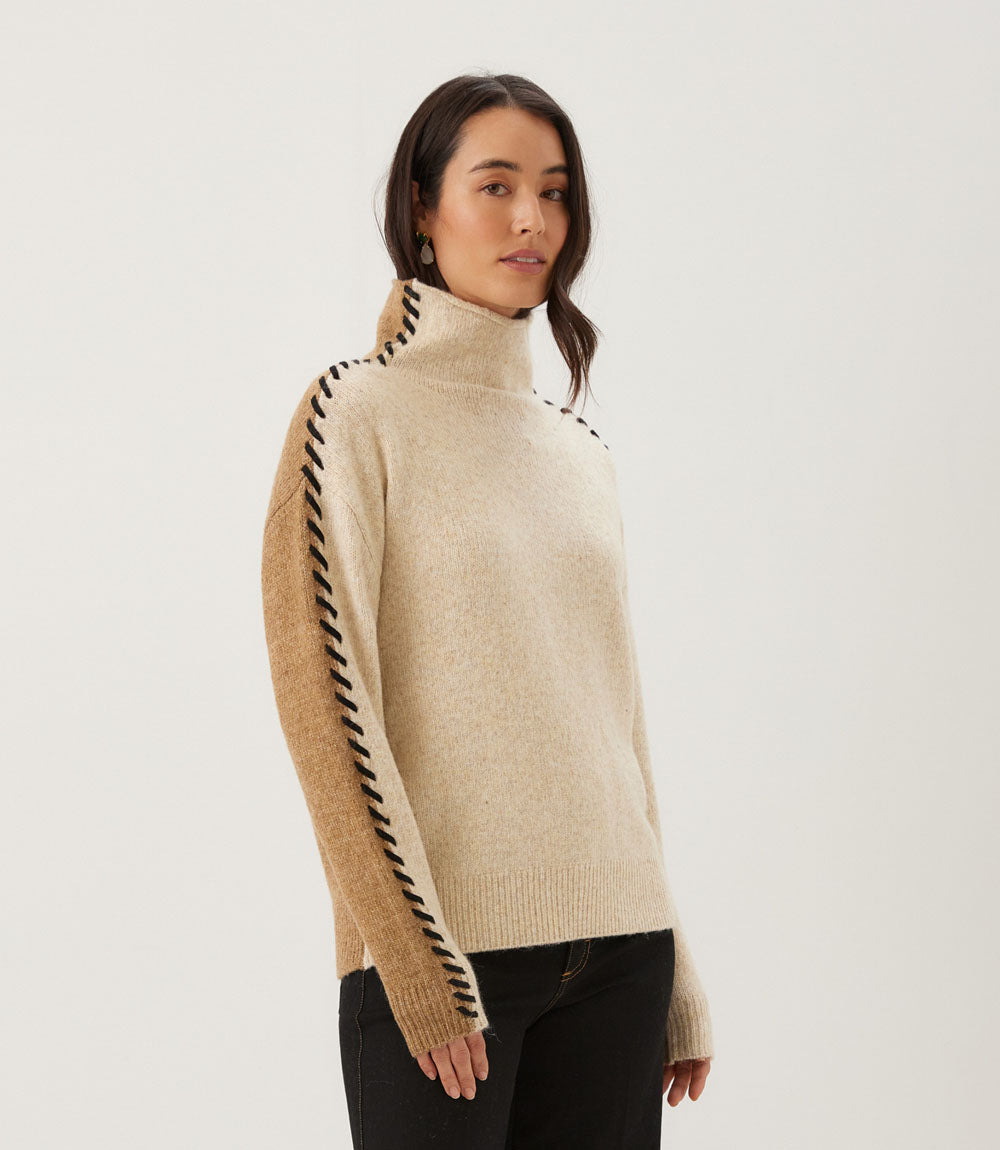 Petite Size Contrast Stitch Mock Neck Colorblock Sweater