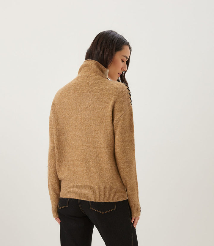 Petite Size Contrast Stitch Mock Neck Colorblock Sweater
