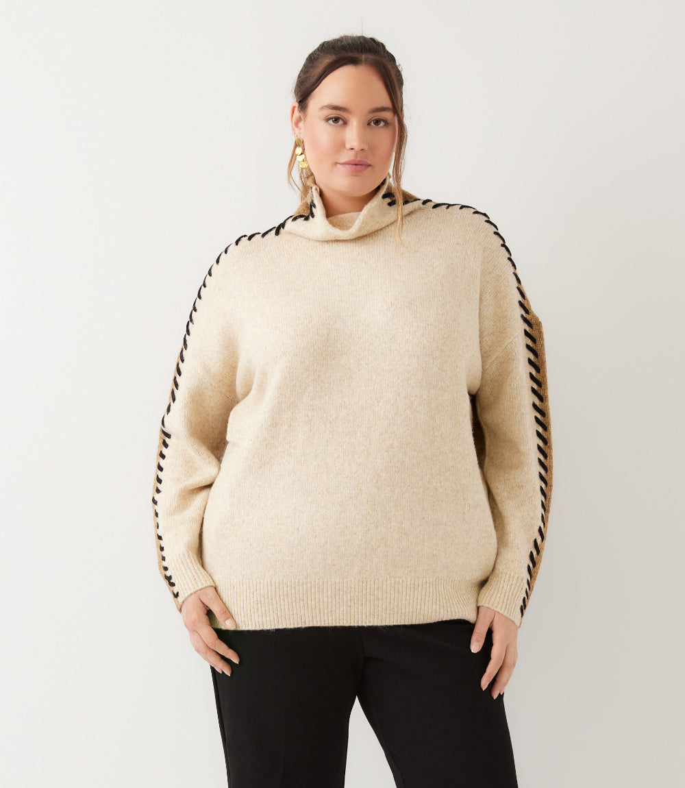 Plus Size Contrast Stitch Mock Neck Colorblock Sweater