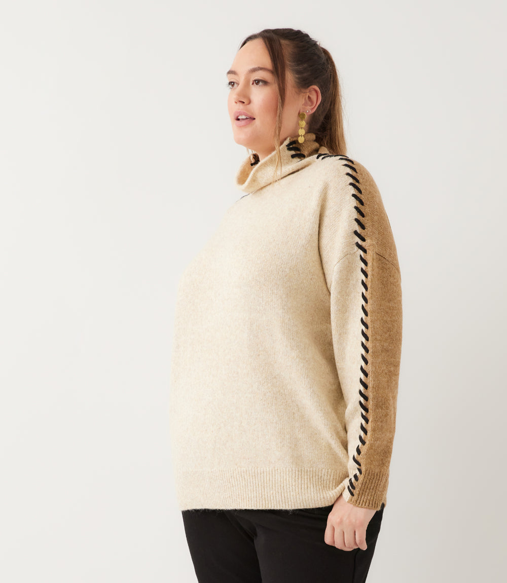 Plus Size Contrast Stitch Mock Neck Colorblock Sweater
