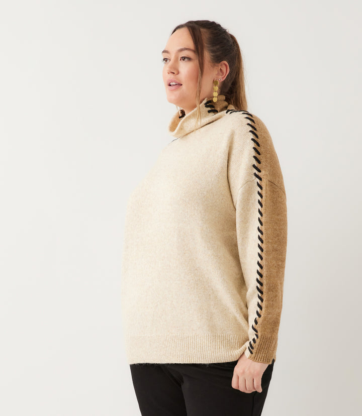 Plus Size Contrast Stitch Mock Neck Colorblock Sweater