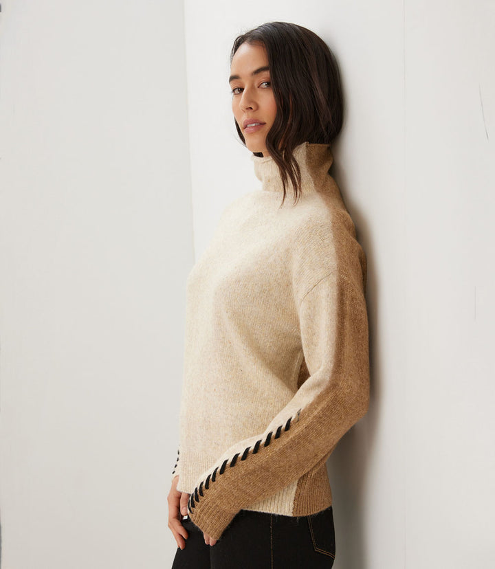 Contrast Stitch Mock Neck Colorblock Sweater