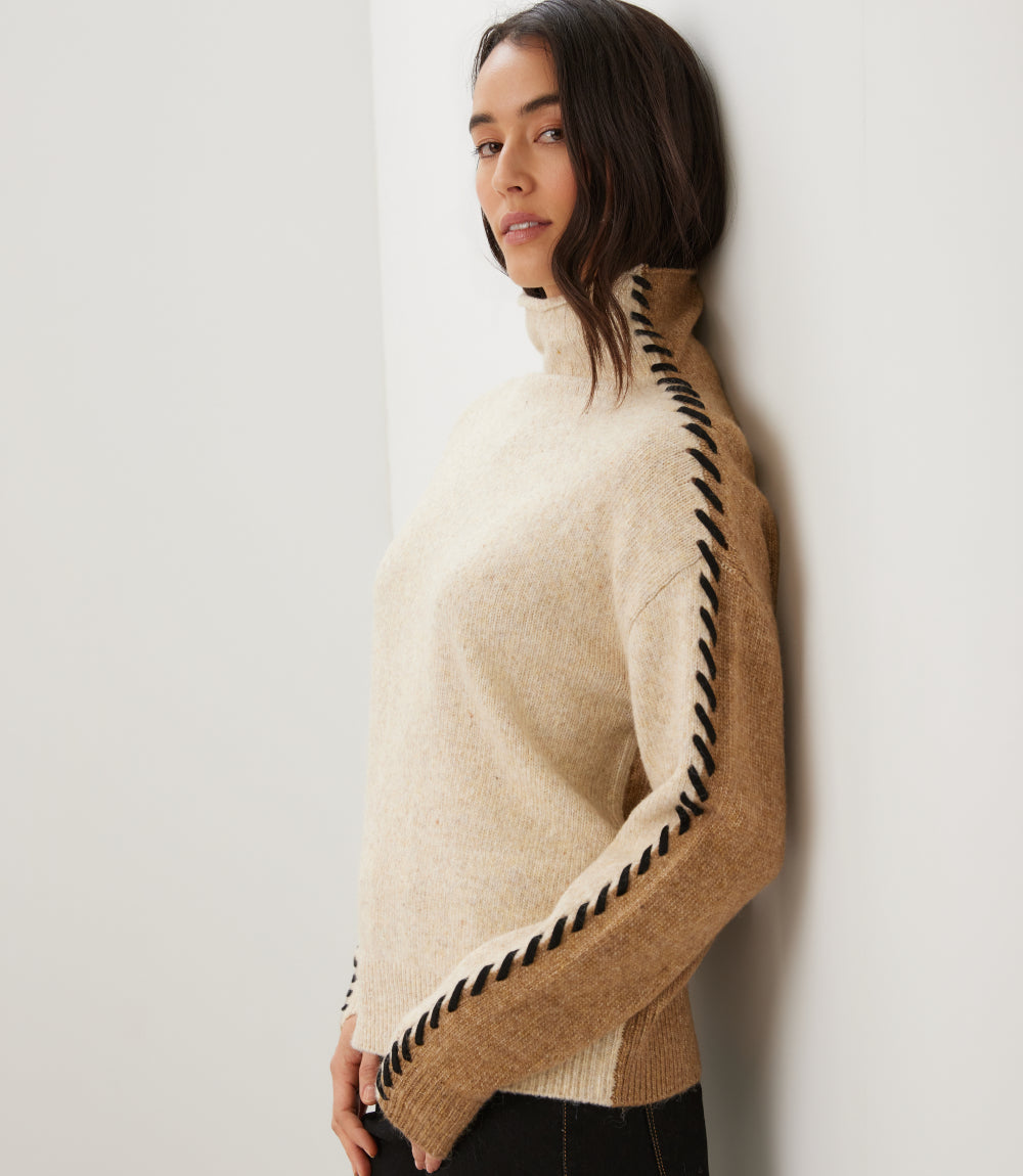Contrast Stitch Mock Neck Colorblock Sweater