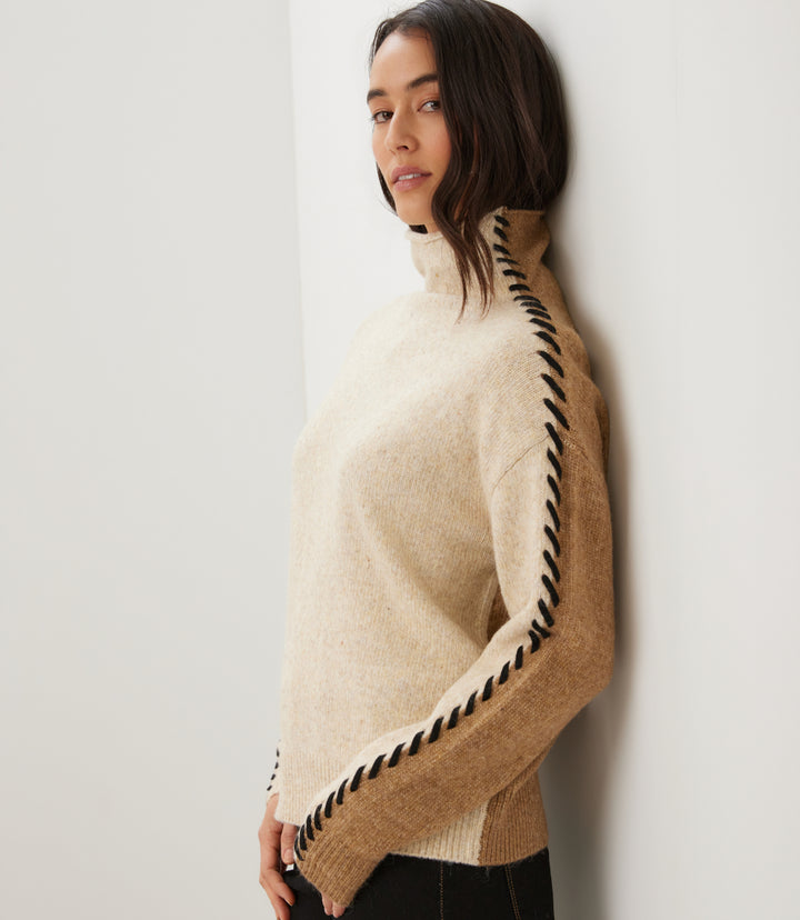 Contrast Stitch Mock Neck Colorblock Sweater