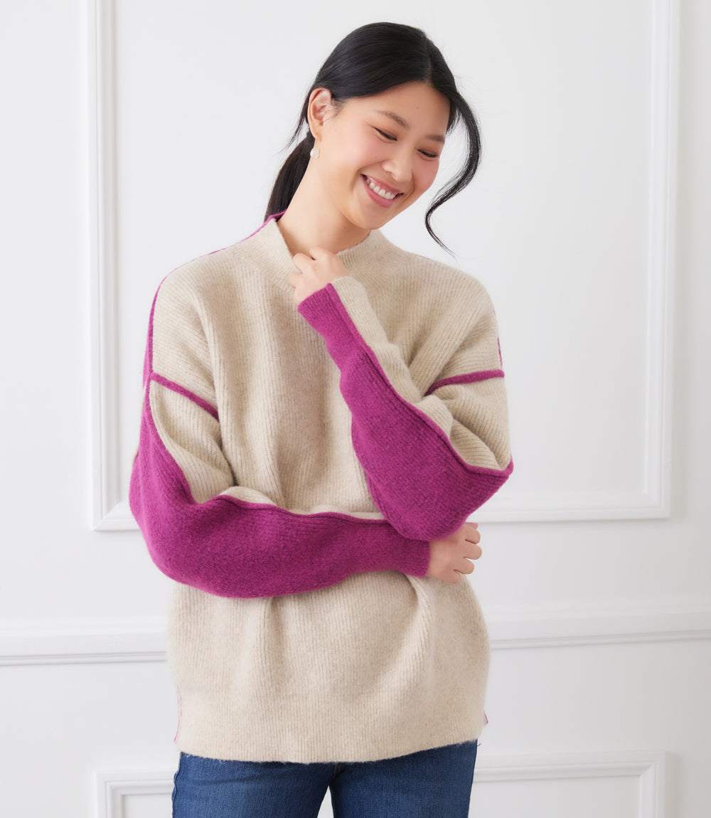 Petite size colorblock mock neck sweater with drop shoulder sleeves in beige and magenta colors