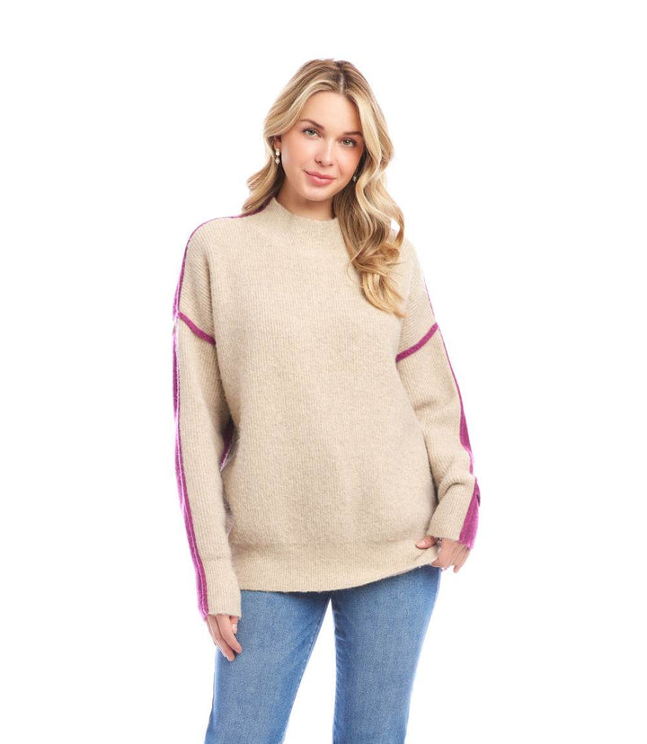 Petite size colorblock mock neck sweater with purple sleeve accents and relaxed fit