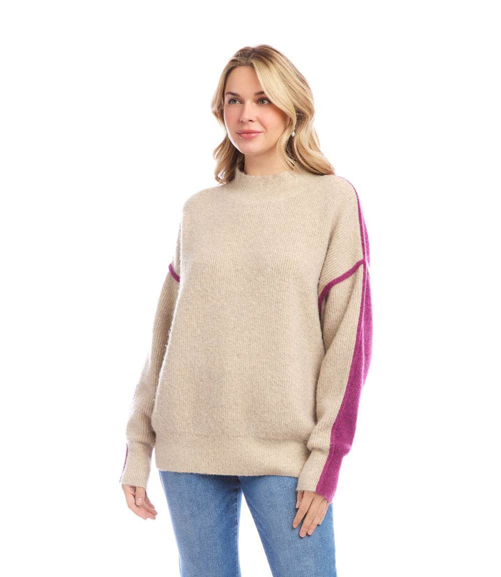 Women’s petite colorblock mock neck sweater with relaxed fit and purple sleeve accents