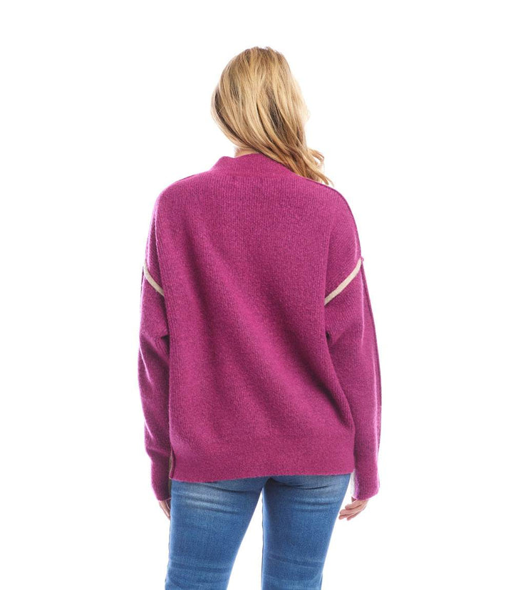 Back view of petite size colorblock mock neck sweater in purple with contrast paneling on sleeves and shoulders