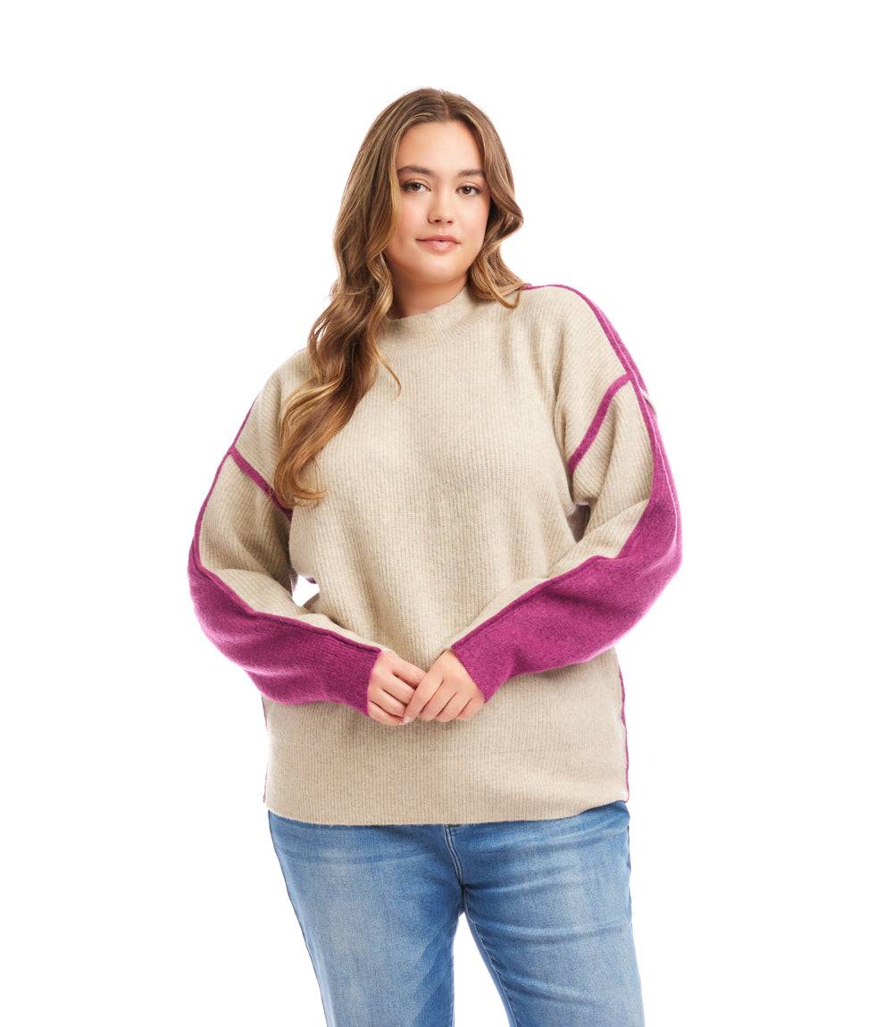 Plus size colorblock mock neck sweater with drop shoulder sleeves and relaxed fit