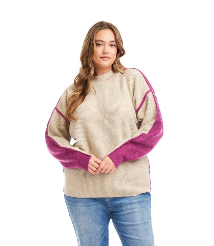 Plus size colorblock mock neck sweater with drop shoulder sleeves and relaxed fit