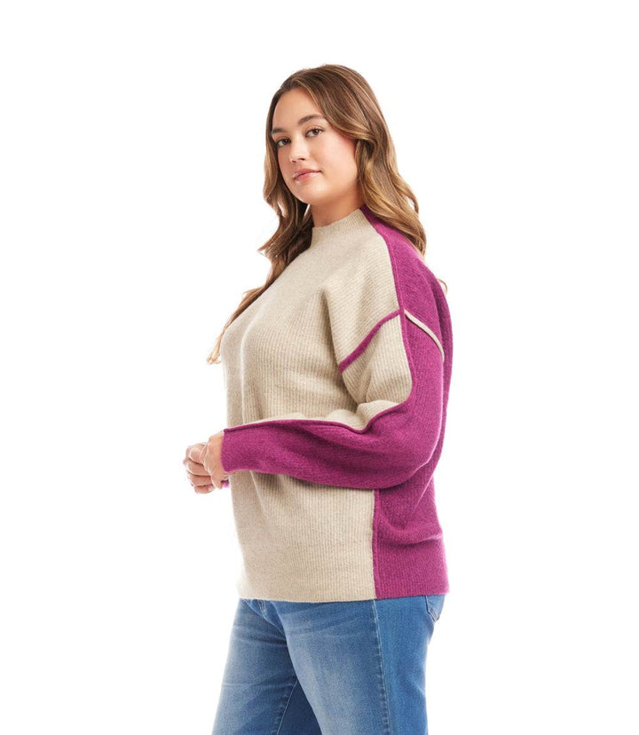 Plus size colorblock mock neck sweater with dropped shoulders and relaxed fit in beige and purple