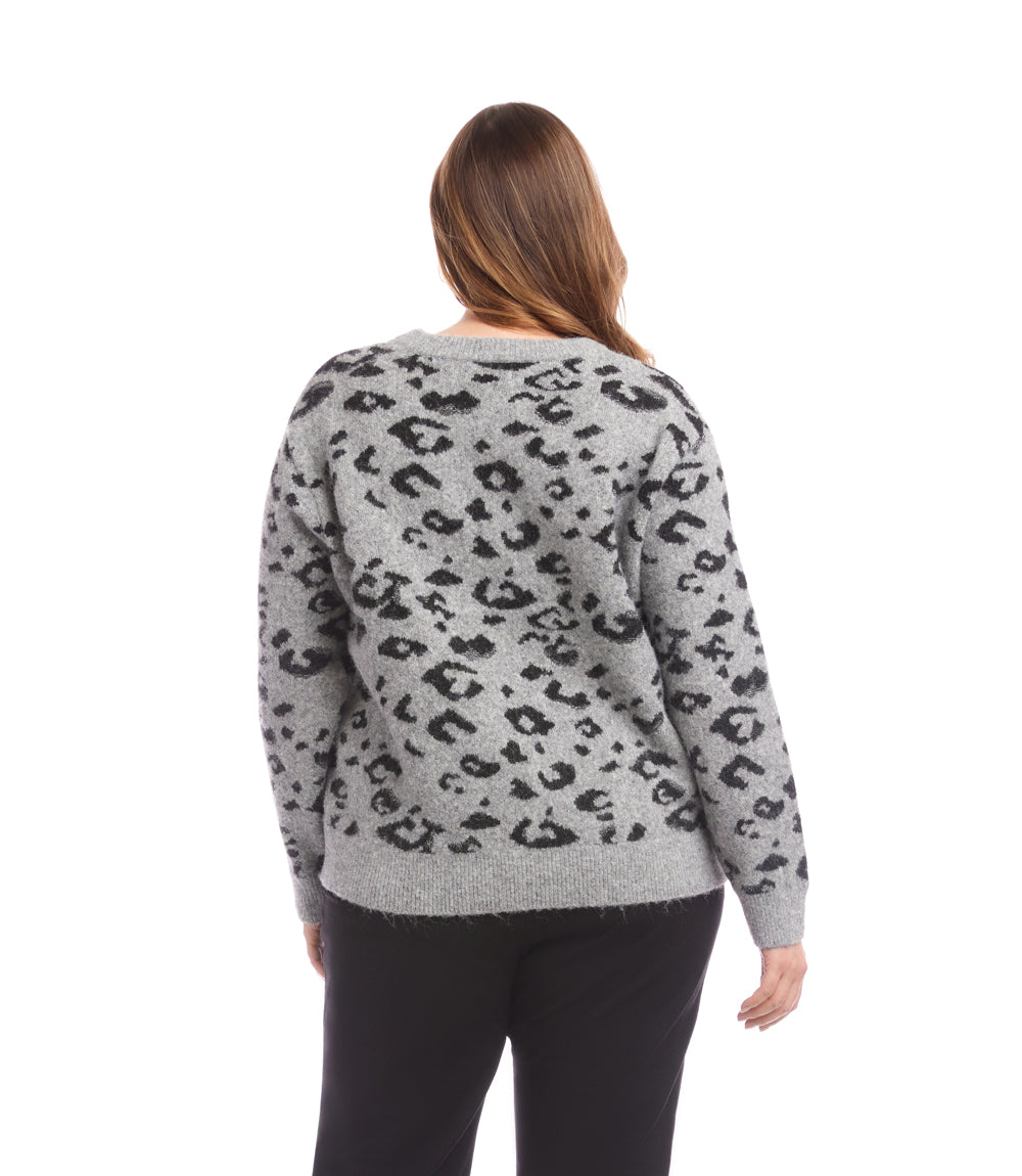 Plus Size Metallic Animal Print Crewneck Sweater