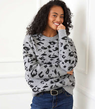 Gray metallic animal print crewneck sweater with relaxed fit and ribbed trim