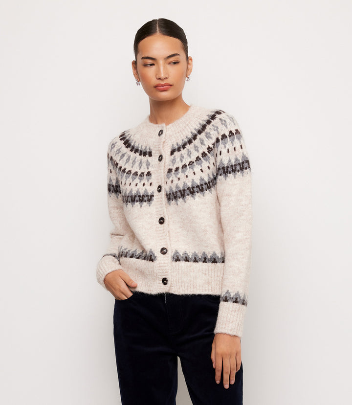 Petite Size Jacquard Crewneck Cardigan Sweater