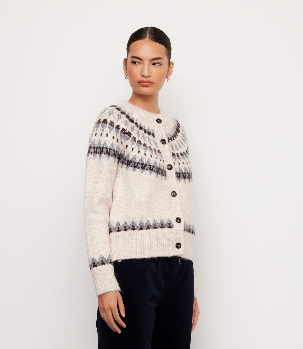 Jacquard Crewneck Cardigan Sweater