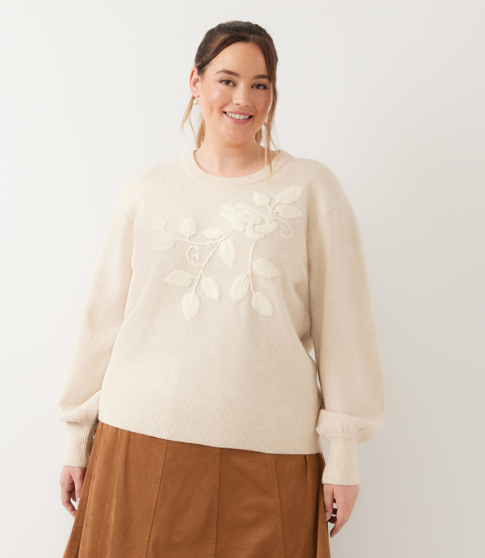 Plus Size Blouson Sleeve Embroidered Sweater
