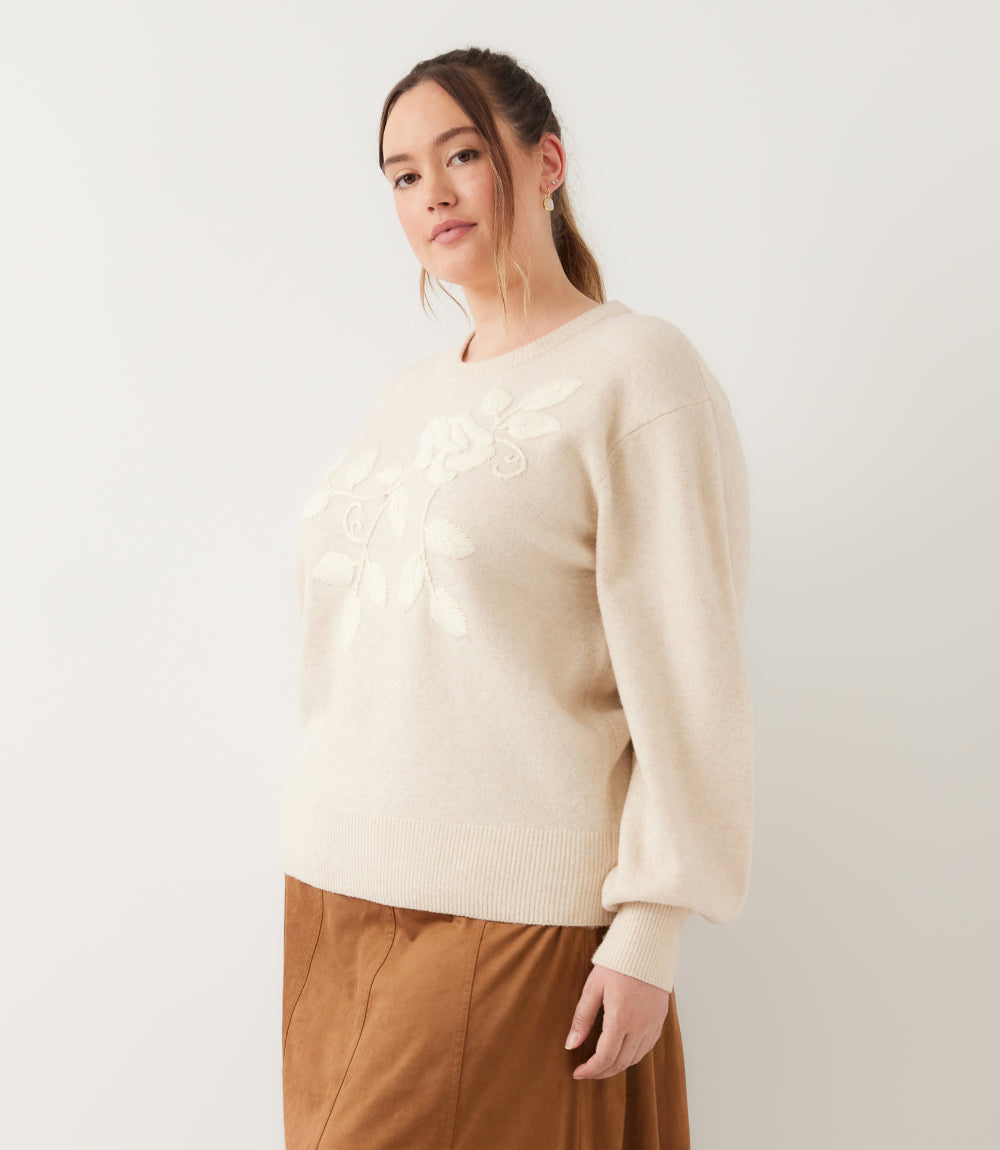 Plus Size Blouson Sleeve Embroidered Sweater