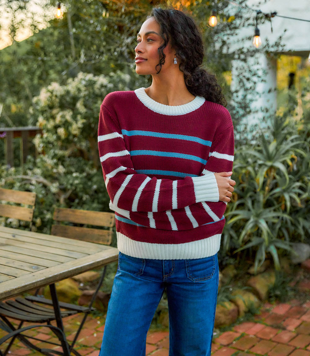 Wine stripe crewneck sweater with white and blue contrast stripes